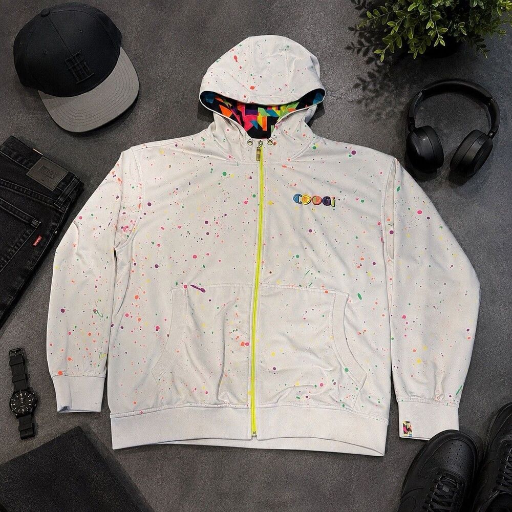 Coogi Hoodie Jacket Mens Splatter Print Pockets Mesh Lined Full Zip Hooded READ